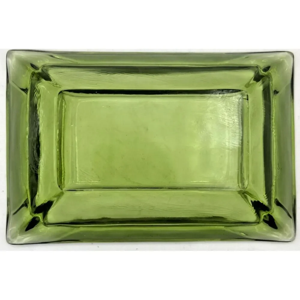 Vintage Rectangle Green Glass Ashtray MCM Trinket Keys Bowl 6 inches